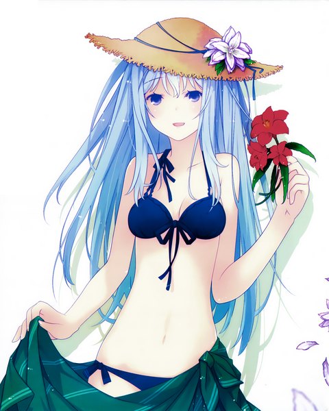 Anime picture 1622x2026 with ore no kanojo to osananajimi ga shuraba sugiru a-1 pictures natsukawa masuzu ruroo single long hair tall image looking at viewer fringe open mouth blue eyes simple background white background blue hair :d scan girl flower (flowers) swimsuit hat