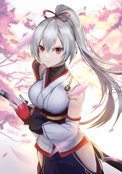 Anime-Bild 3451x4905 mit fate (series) fate/grand order tomoe gozen (fate) twit eg0 single long hair tall image looking at viewer fringe highres breasts smile hair between eyes red eyes standing absurdres silver hair ponytail traditional clothes japanese clothes