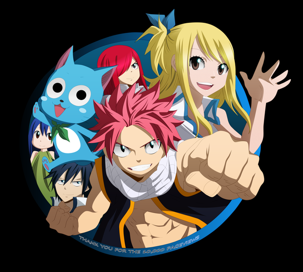 Anime picture 1600x1439 with fairy tail lucy heartfilia erza scarlet natsu dragneel gray fullbuster wendy marvell happy (fairy tail) lworldchiefl long hair fringe short hair open mouth black hair simple background blonde hair smile multiple girls brown eyes blue hair pink hair