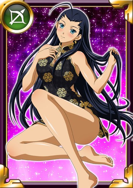 Anime picture 567x800 with ikkitousen kakouen myousai single long hair tall image looking at viewer blush breasts blue eyes light erotic black hair large breasts ahoge traditional clothes barefoot bare legs sparkle chinese clothes card (medium) girl