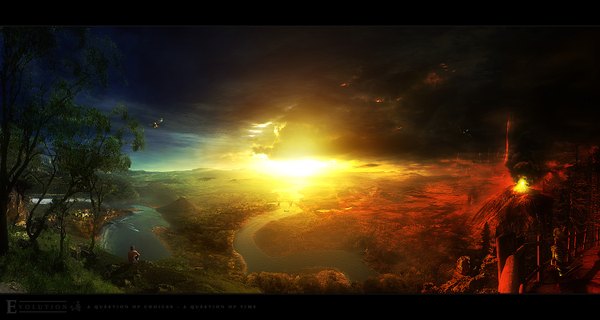 Anime picture 1500x800 with alyn (artist) wide image sky cloud (clouds) evening sunset smoke landscape scenic river skeleton volcano boy plant (plants) tree (trees) grass fire sun