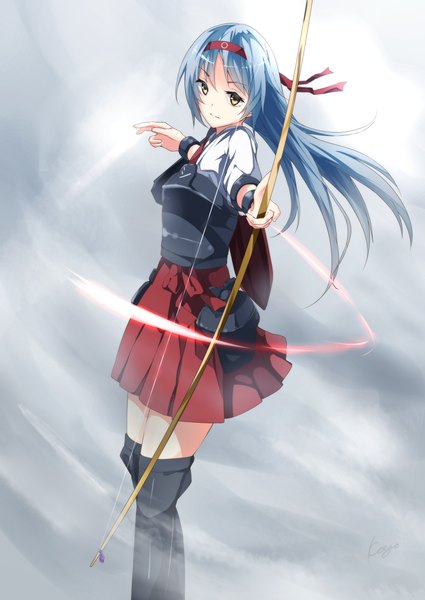 Anime picture 1000x1412 with kantai collection shoukaku aircraft carrier hidaka kouyou single long hair tall image fringe simple background holding yellow eyes payot blue hair looking away traditional clothes japanese clothes pleated skirt multicolored hair gradient background outstretched arm magic