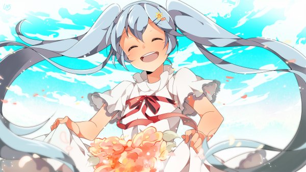 Anime picture 1280x720 with vocaloid hatsune miku umiko (munemiu) single long hair blush open mouth smile wide image twintails blue hair cloud (clouds) eyes closed very long hair laughing girl dress flower (flowers)
