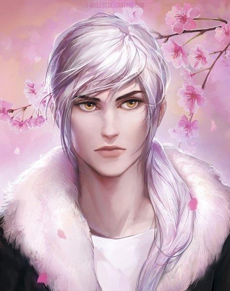 Anime picture 1639x2073 with j-witless single long hair tall image signed yellow eyes looking away silver hair ponytail lips cherry blossoms pink background boy flower (flowers) petals fur branch