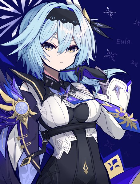 Anime picture 4250x5600 with genshin impact eula lawrence mutsu aya single tall image fringe highres short hair hair between eyes blue hair absurdres upper body character names multicolored eyes girl gloves black gloves hairband vision (genshin impact)