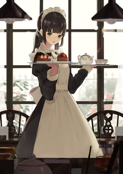 Anime picture 1240x1754 with original shii (kairi-t-k0317) single long hair tall image fringe black hair twintails payot indoors blunt bangs black eyes maid low twintails tea set girl uniform food headdress window