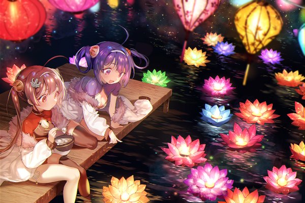 Anime picture 1280x853 with azur lane ping hai (azur lane) ning hai (azur lane) zuizi long hair blush fringe breasts red eyes sitting purple eyes multiple girls holding looking away purple hair ahoge outdoors red hair traditional clothes head tilt