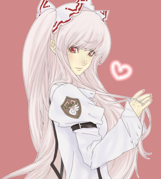 Anime picture 1200x1338 with touhou fujiwara no mokou poruhi single long hair tall image fringe simple background red eyes twintails looking away upper body white hair fingernails adjusting hair looking down pink background alternate hairstyle albino girl