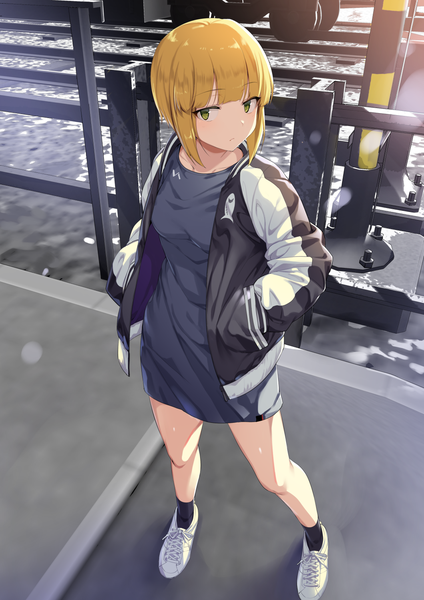 Anime picture 1061x1500 with girls und panzer cutlass (girls und panzer) ikomochi single tall image fringe short hair breasts blonde hair standing green eyes looking away full body outdoors blunt bangs long sleeves head tilt from above sunlight open jacket
