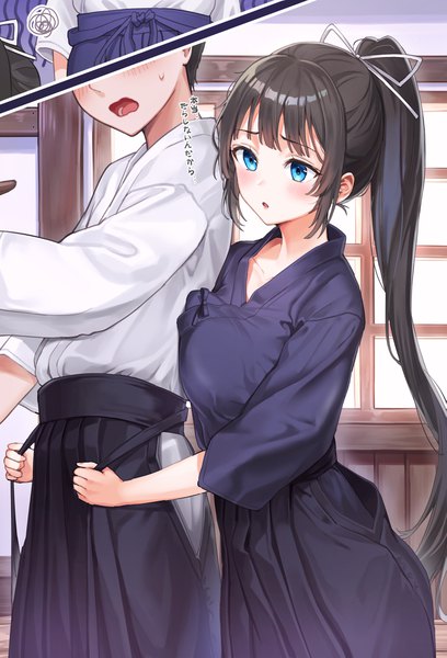 Anime picture 2894x4250 with original kendo club president (rangu) rangu long hair tall image blush fringe highres short hair breasts open mouth blue eyes black hair large breasts standing payot looking away ponytail indoors blunt bangs