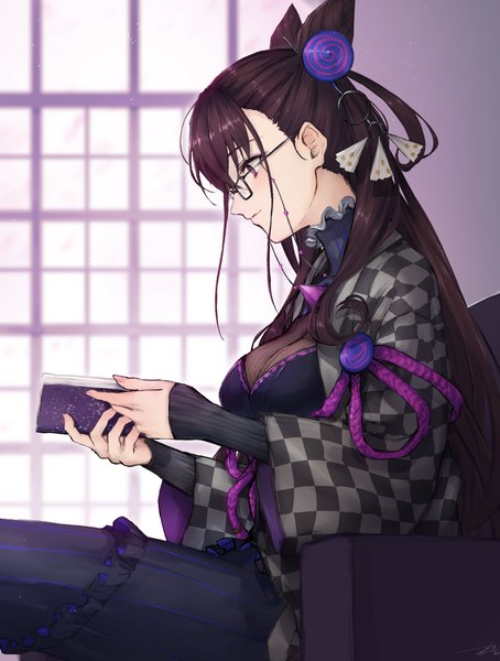 Anime picture 1509x1994 with fate (series) fate/grand order murasaki shikibu (fate) kouzuki kei single long hair tall image fringe breasts black hair sitting purple eyes profile hair bun (hair buns) checkered reading girl hair ornament glasses book (books)