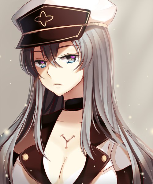 Anime-Bild 800x960 mit akame ga kill! white fox esdeath yumyum single long hair tall image fringe breasts simple background hair between eyes large breasts signed looking away cleavage grey hair grey background grey eyes shaded face sad