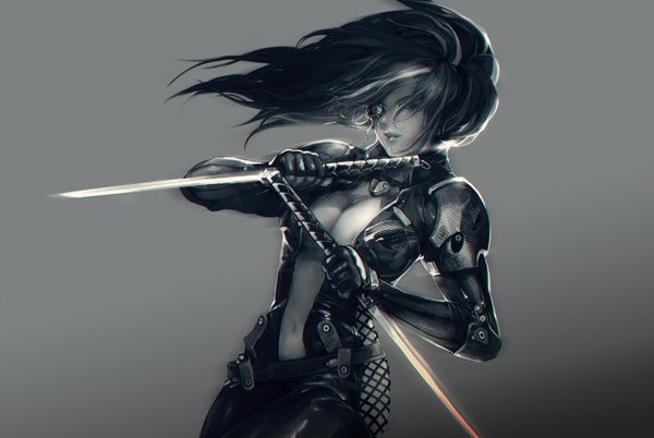 Anime picture 3134x2105 with hoyhoykung single long hair fringe highres breasts light erotic large breasts standing holding absurdres lips dual wielding dark hair girl navel weapon sword katana eyepatch