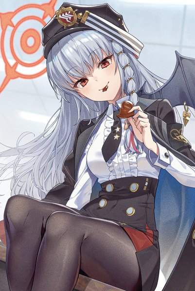 Anime picture 1314x1964 with blue archive haruna (blue archive) kabu (niniko2ko) single long hair tall image looking at viewer fringe hair between eyes red eyes sitting silver hair head tilt eating valentine clothes on shoulders single wing girl shirt pantyhose