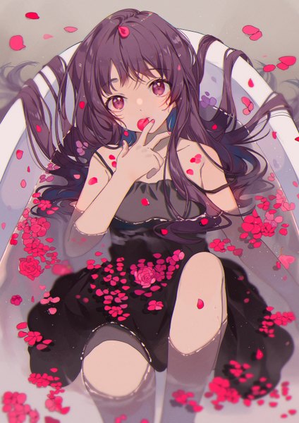 Anime picture 1000x1414 with original omutatsu single tall image looking at viewer blush fringe brown hair bare shoulders holding lying very long hair nail polish head tilt pink eyes from above wet sleeveless partially submerged mouth hold