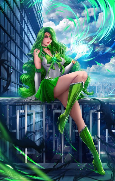 Anime picture 1000x1567 with bishoujo senshi sailor moon toei animation esmeraude javier estrada single long hair tall image looking at viewer blush fringe light erotic green eyes signed sky cloud (clouds) full body outdoors parted lips green hair realistic