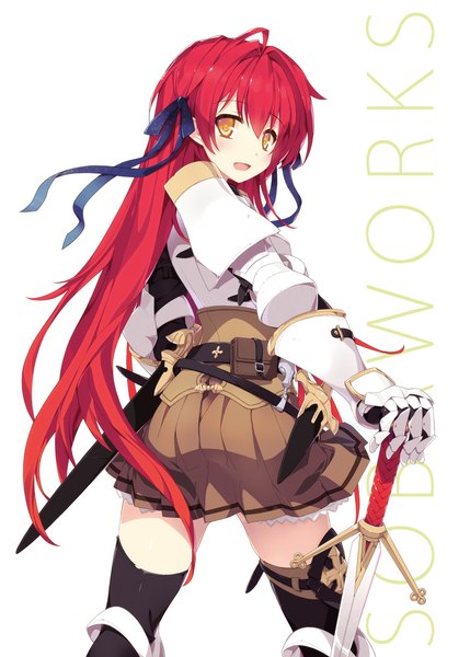 Anime picture 777x1087 with ragnarok online hunter (ragnarok online) isizuaki single long hair tall image open mouth white background red hair looking back orange eyes girl thighhighs skirt ribbon (ribbons) black thighhighs hair ribbon