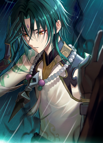 Anime picture 1944x2696 with genshin impact xiao (genshin impact) pponnya single tall image highres yellow eyes upper body aqua hair tattoo looking down rain forehead mark boy gloves necklace