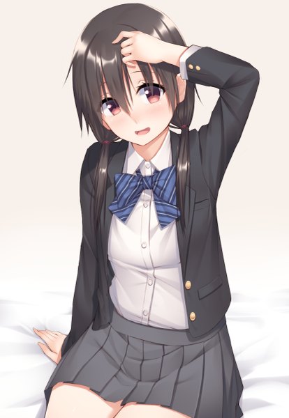 Anime picture 829x1200 with original mikazuchi zeus single long hair tall image looking at viewer blush fringe open mouth black hair hair between eyes red eyes twintails low twintails girl skirt uniform school uniform bowtie grey skirt
