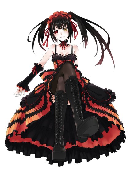 Anime picture 1061x1500 with date a live tokisaki kurumi yukiyo (otca202) single long hair tall image blush black hair simple background white background twintails heterochromia uneven twintails girl thighhighs dress black thighhighs detached sleeves boots frills