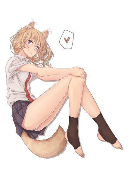 Anime picture 1254x1771 with original rutchifu single tall image looking at viewer blush short hair light erotic smile brown hair purple eyes animal ears bent knee (knees) tail lying animal tail pleated skirt from above hand on knee dog ears