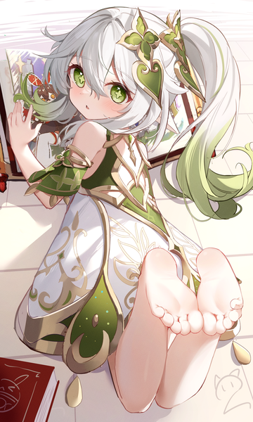 Anime picture 2266x3776 with genshin impact nahida (genshin impact) amber (genshin impact) nahaki single long hair tall image looking at viewer blush fringe highres open mouth hair between eyes green eyes full body white hair ponytail lying looking back barefoot