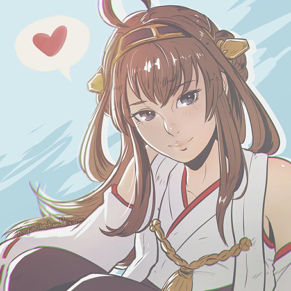 Anime picture 1024x1024 with kantai collection kongou battleship koyoriin single long hair looking at viewer fringe blue eyes simple background brown hair signed payot ahoge long sleeves traditional clothes japanese clothes light smile realistic arm support hair bun (hair buns)