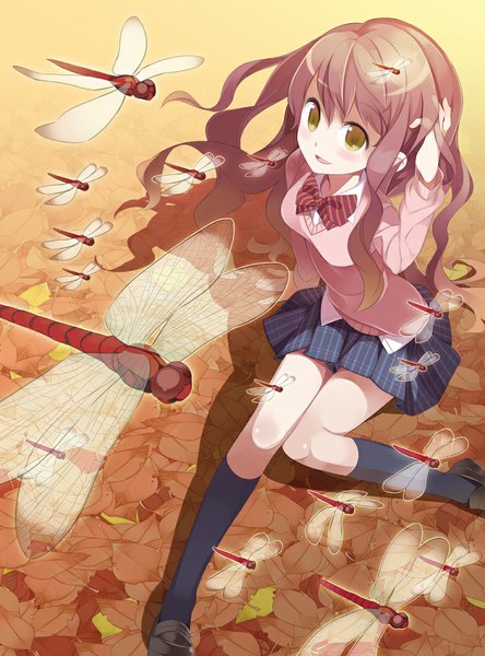 Anime picture 740x1000 with original haruse hiroki single long hair tall image blush open mouth brown hair sitting yellow eyes looking away girl skirt socks insect black socks dragonfly