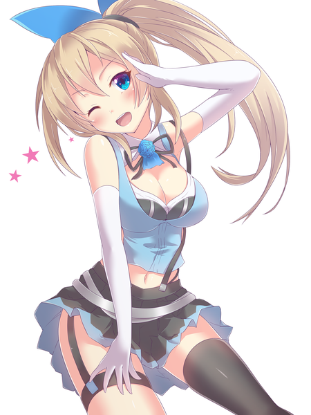 Anime picture 2100x2800 with virtual youtuber mirai akari project mirai akari twinameless single long hair tall image looking at viewer blush fringe highres breasts open mouth blue eyes light erotic simple background blonde hair smile standing white background