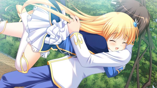 Anime picture 1280x720 with princess-style orfina von rubens yuyi long hair blush open mouth blonde hair wide image game cg outdoors eyes closed hug happy ^ ^ girl thighhighs boy uniform school uniform white thighhighs