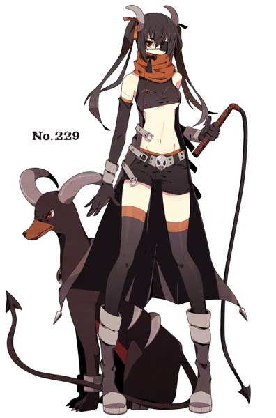 Anime picture 991x1500 with pokemon nintendo houndoom merlusa single long hair tall image looking at viewer fringe breasts black hair simple background white background twintails holding horn (horns) midriff zettai ryouiki groin personification