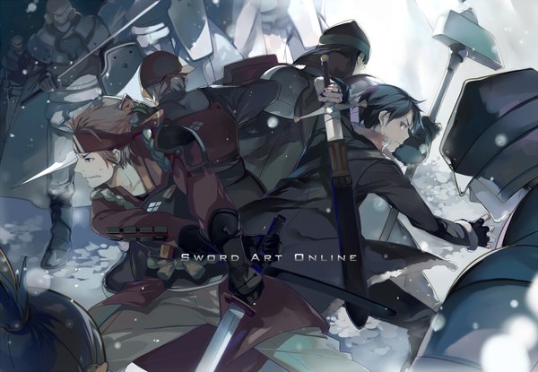 Anime picture 1000x693 with sword art online a-1 pictures kirigaya kazuto ryoutarou tsuboi nineo short hair black hair brown hair looking away profile multiple boys copyright name fighting stance back to back battle 6+ boys unsheathing boy gloves weapon