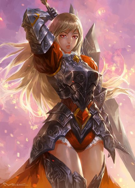 Anime picture 700x972 with original kamiyamark single long hair tall image looking at viewer fringe breasts blonde hair red eyes holding signed parted lips lips zettai ryouiki arm behind head girl weapon boots armor