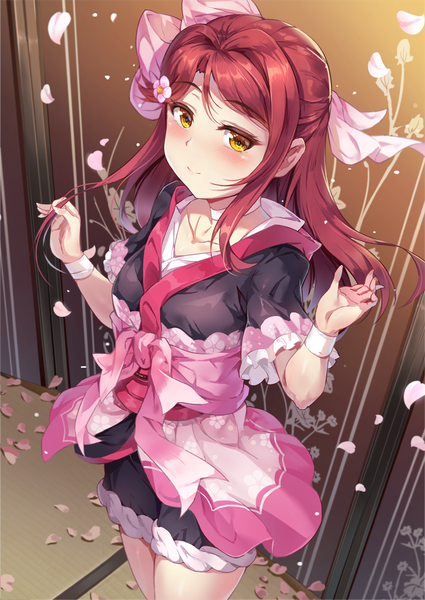 Anime picture 708x1000 with love live! sunshine!! sunrise (studio) love live! sakurauchi riko miazi single long hair tall image looking at viewer blush yellow eyes red hair traditional clothes japanese clothes hair flower from above light smile holding hair girl flower (flowers)