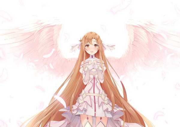 Anime picture 4093x2894 with sword art online a-1 pictures yuuki asuna echiru39 single blush highres open mouth brown hair standing white background brown eyes absurdres very long hair :d hand on chest angel wings girl wings feather (feathers)