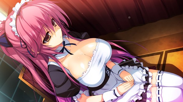 Anime picture 2560x1440 with reminiscence akusera tomose shunsaku long hair highres breasts light erotic wide image large breasts brown eyes pink hair game cg ponytail maid girl thighhighs white thighhighs headdress maid headdress