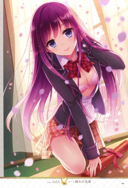 Anime picture 2449x3600 with an2a single long hair tall image looking at viewer fringe highres breasts light erotic smile purple eyes purple hair scan open clothes open shirt spring graduation girl uniform school uniform
