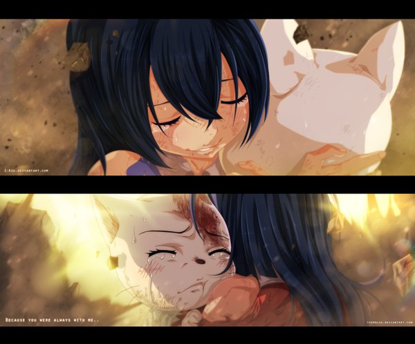 Anime picture 1800x1495 with fairy tail wendy marvell charle (fairy tail) tremblax i-azu long hair blush highres black hair smile eyes closed sunlight loli tattoo hug tears coloring close-up dust manga