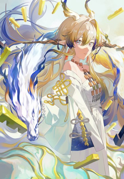 Anime picture 3680x5300 with arknights shu (arknights) zutto (dfvn7377) single long hair tall image looking at viewer fringe highres blue eyes blonde hair hair between eyes absurdres horn (horns) pointy ears fantasy girl earrings dragon eastern dragon
