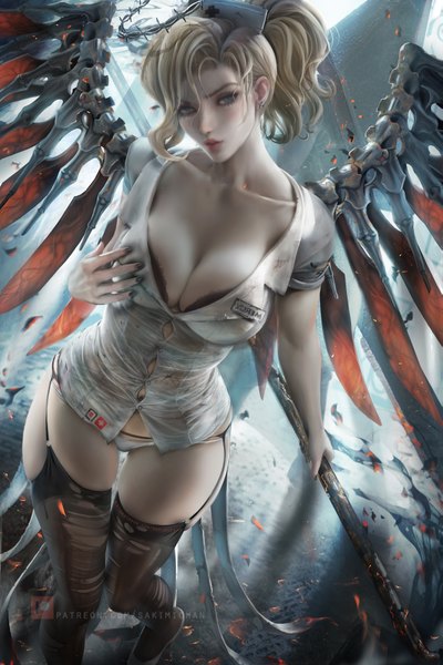 Anime picture 2333x3500 with overwatch blizzard entertainment mercy (overwatch) sakimichan single tall image looking at viewer blush fringe highres short hair breasts blue eyes light erotic blonde hair hair between eyes large breasts standing holding cleavage