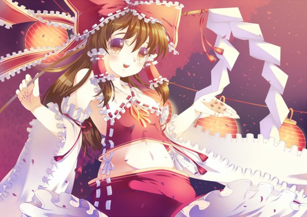 Anime picture 1250x885 with touhou hakurei reimu niwatori (kipje) long hair blush open mouth brown hair brown eyes midriff miko girl navel detached sleeves frills