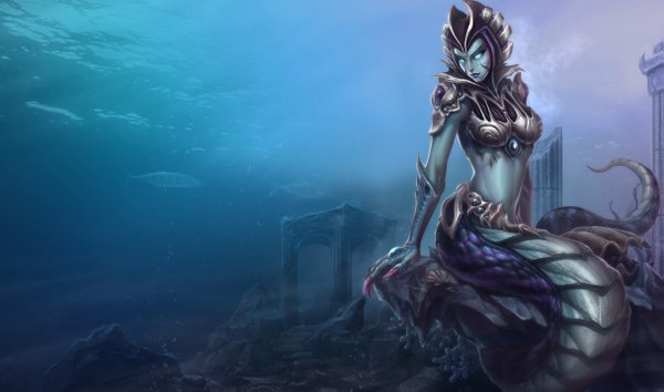 Anime picture 1215x717 with league of legends cassiopeia (league of legends) wide image tail fingernails long fingernails underwater ruins monster girl girl armor pillar column