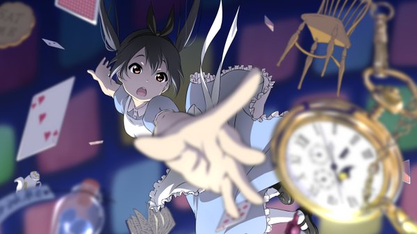 Anime picture 2880x1620 with k-on! alice in wonderland kyoto animation nakano azusa alice (wonderland) oku no shi single long hair highres open mouth black hair wide image twintails brown eyes cosplay girl dress clock card (cards) pocket watch