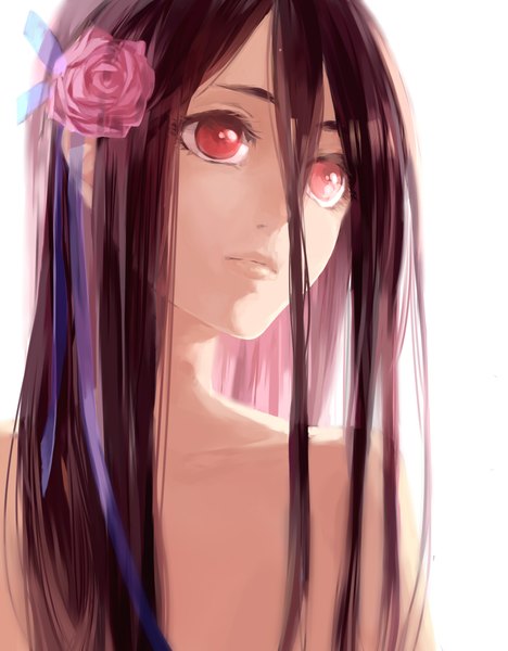 Anime picture 1600x2050 with blood+ production i.g otonashi saya g.g.lemon single long hair tall image black hair simple background red eyes white background looking away hair flower topless girl hair ornament flower (flowers) ribbon (ribbons) rose (roses)