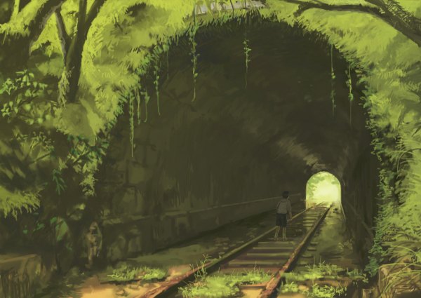 Anime picture 1200x851 with from behind overgrown boy railways tunnel