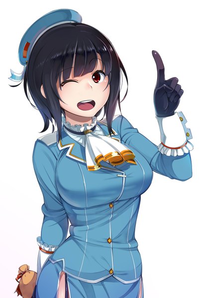 Anime picture 1273x1800 with kantai collection takao heavy cruiser donarudo single tall image looking at viewer short hair black hair red eyes white background one eye closed wink girl dress gloves black gloves beret