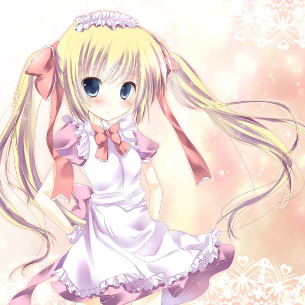 Anime picture 3035x3035 with original amane ruri single long hair blush highres blue eyes blonde hair simple background twintails absurdres maid loli girl dress bow hair bow headdress maid headdress insect