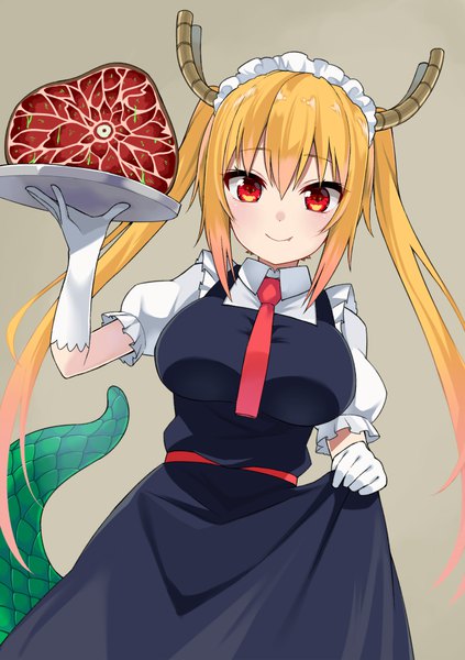 Anime picture 705x1000 with kobayashi-san chi no maidragon kyoto animation tooru (maidragon) gomashi (goma) single long hair tall image looking at viewer blush simple background blonde hair red eyes twintails holding payot tail multicolored hair horn (horns) two-tone hair maid