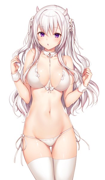 Anime picture 1315x2240 with original komeshiro kasu single long hair tall image looking at viewer blush fringe breasts open mouth light erotic simple background hair between eyes large breasts standing white background purple eyes bare shoulders payot cleavage