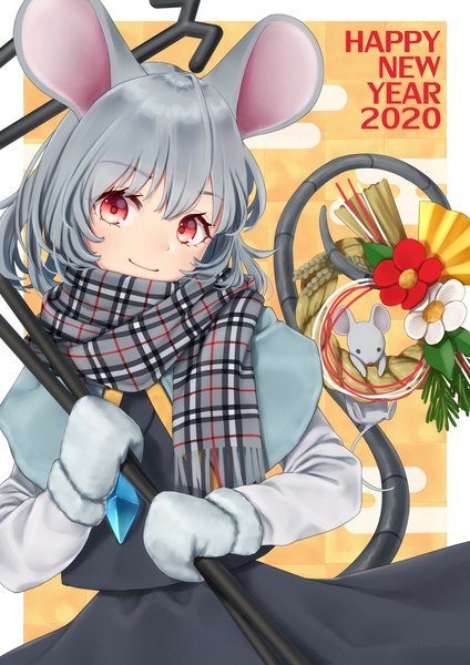 Anime picture 1013x1433 with touhou nazrin torinari (dtvisu) single tall image looking at viewer short hair smile red eyes animal ears tail animal tail grey hair new year happy new year 2020 egasumi mouse ears mouse tail mouse girl
